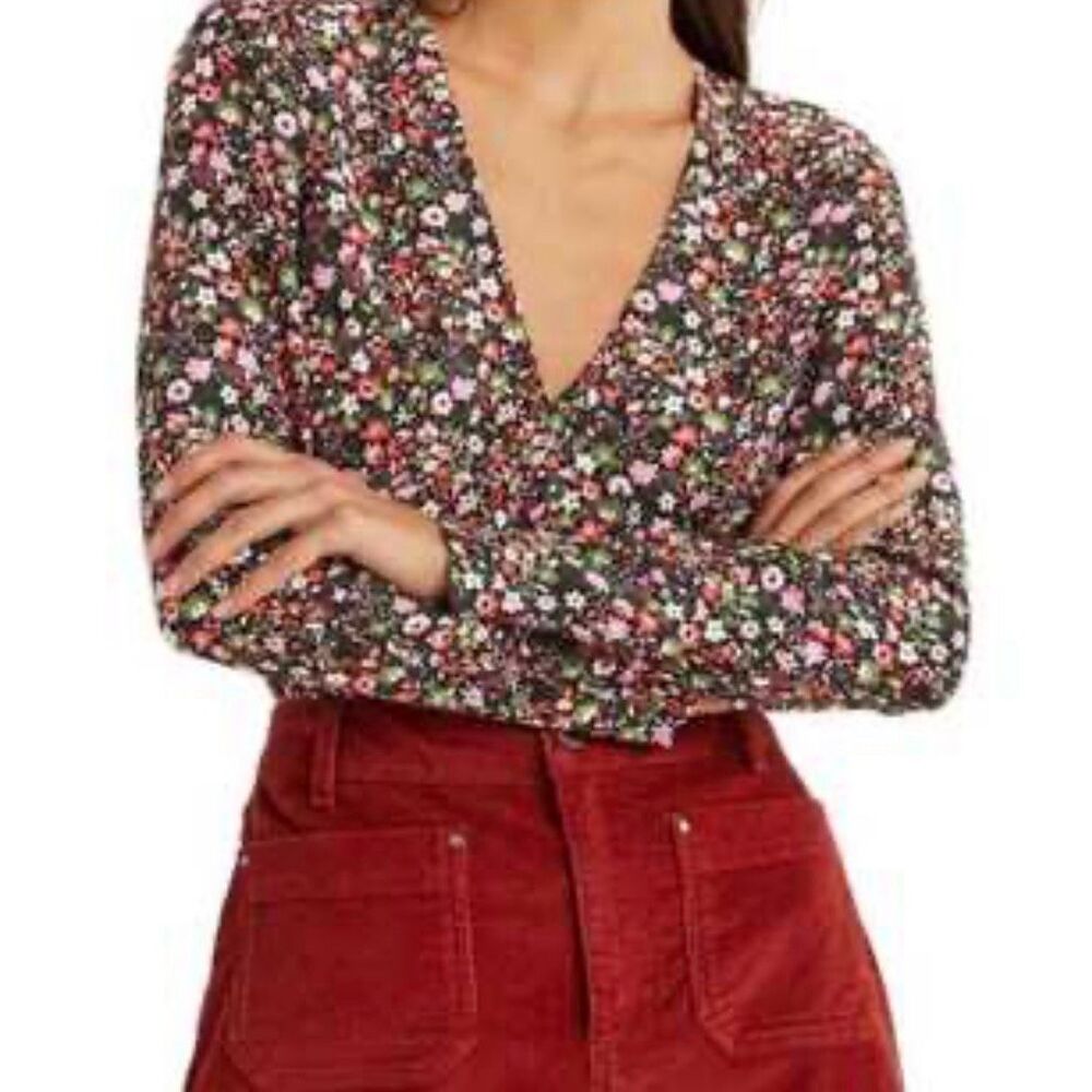Boden Anthropologie Ditsy Floral V-neck Top NWOT Vicose Long Sleeve Multi Sz 8